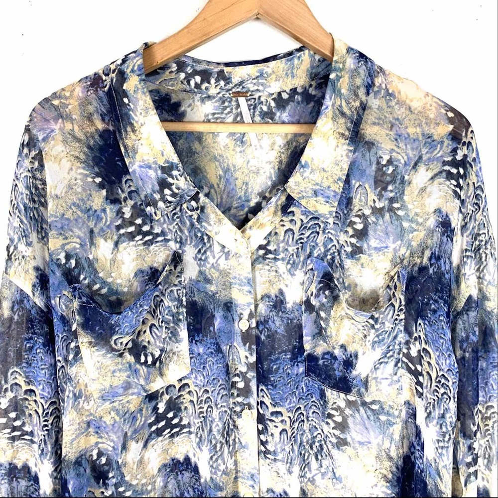 Free People Sheer Blouse Top Blue Print Medium - Picture 2 of 5